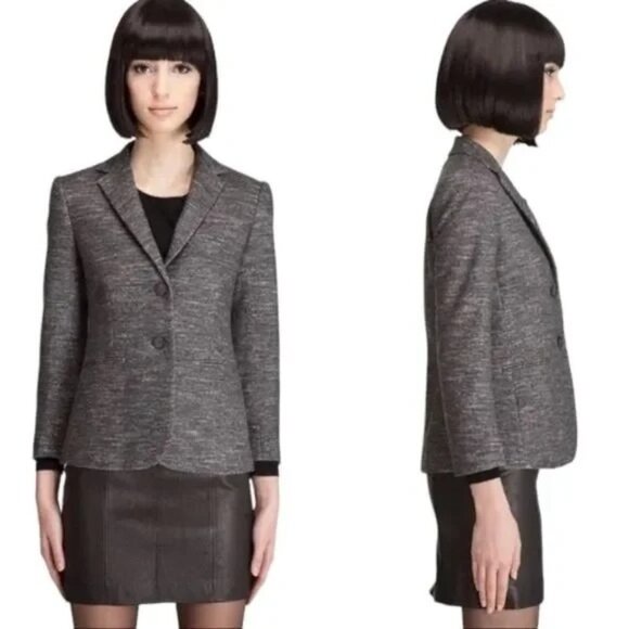 Theory Size 12 Gray Kiersten K Strategy Wool Cotton Blend Tweed Blazer Jacket - Picture 2 of 16